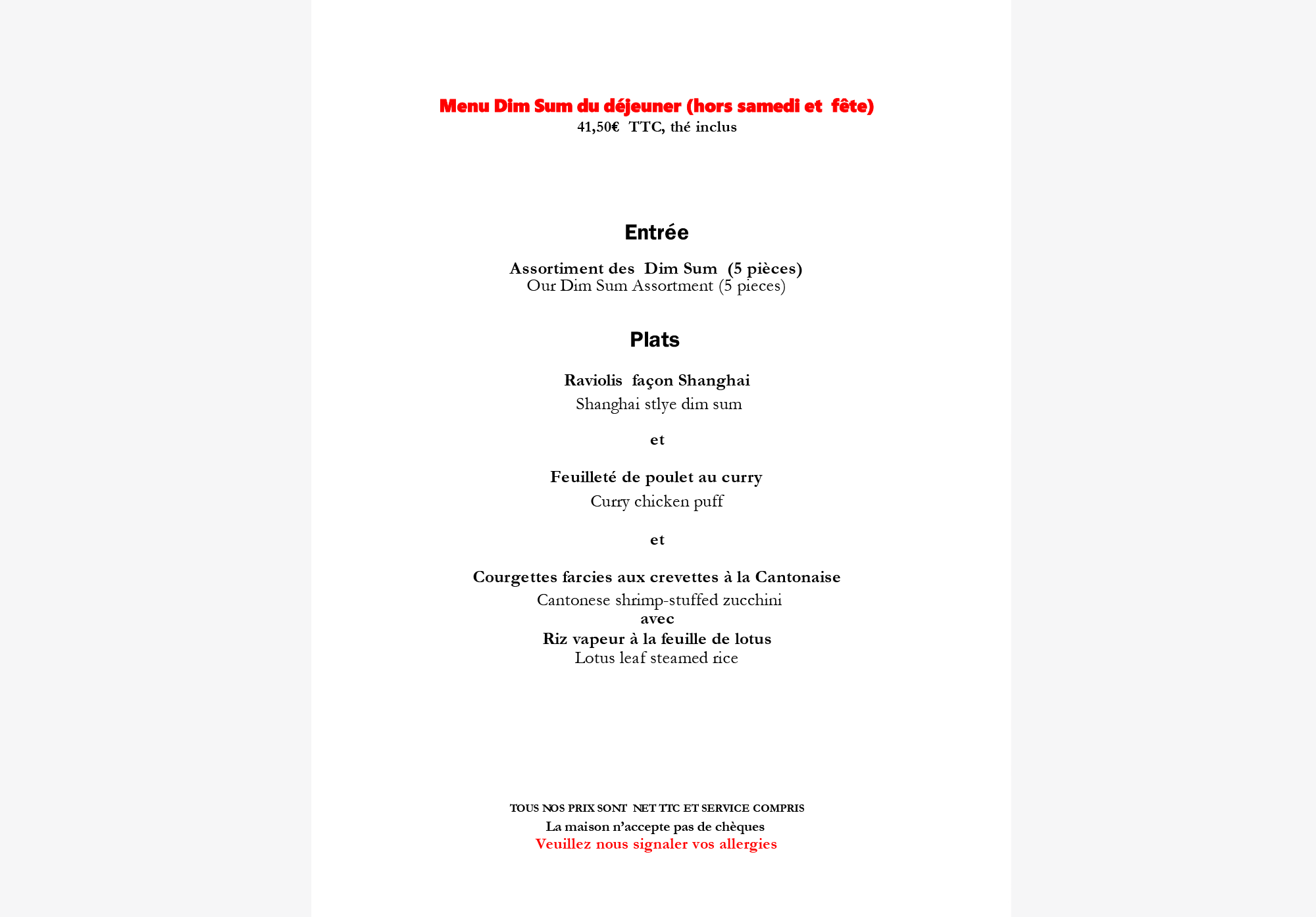 Menu Chez Vong 