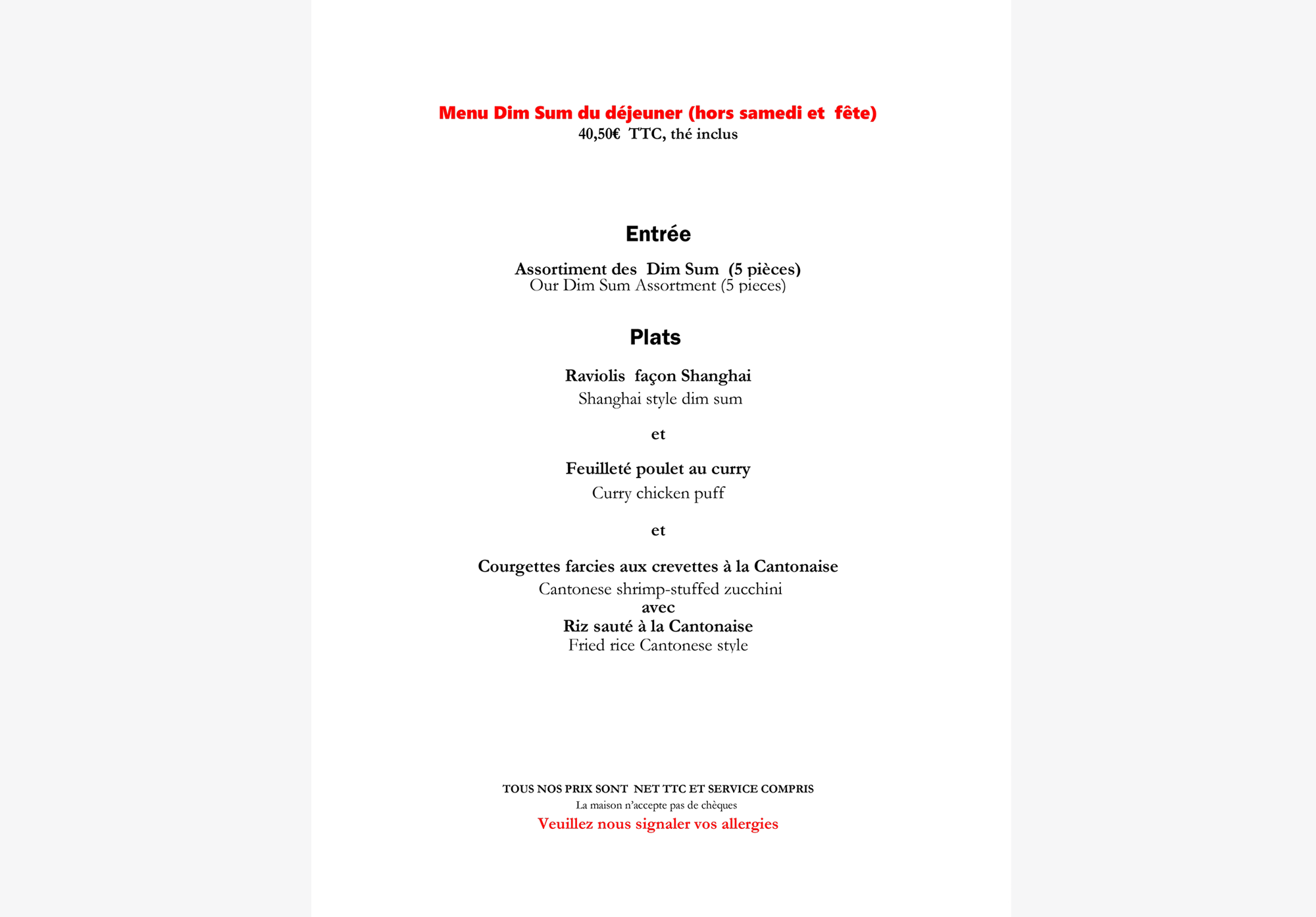 Menu Chez Vong 