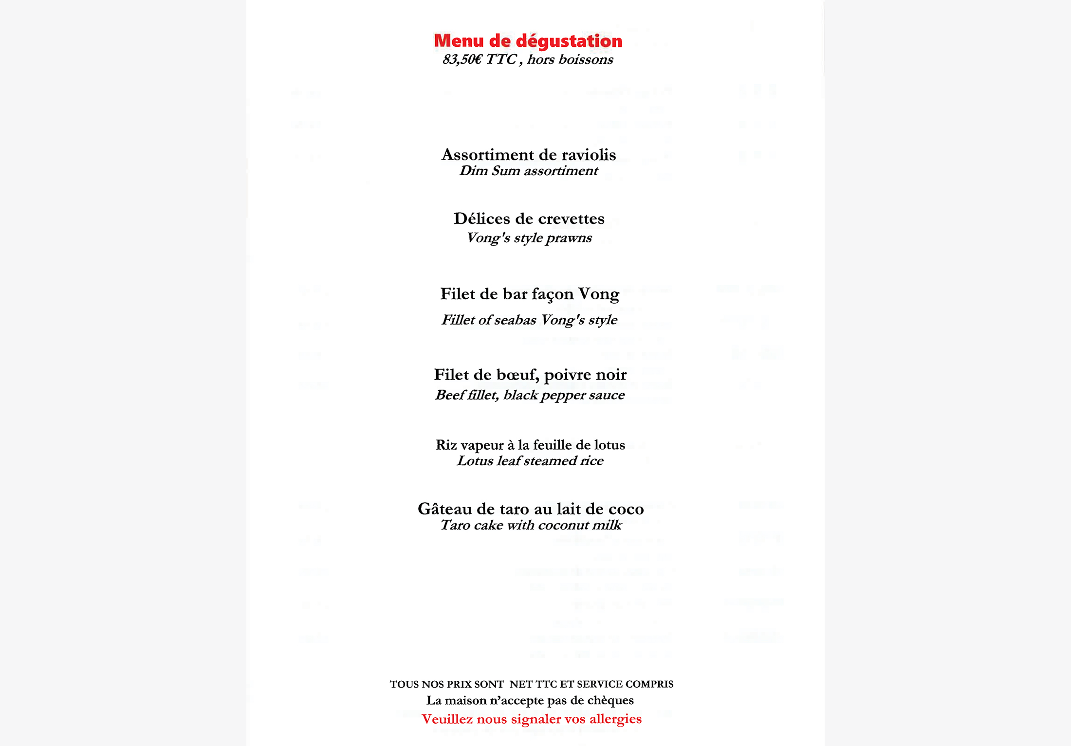 Menu Chez Vong 