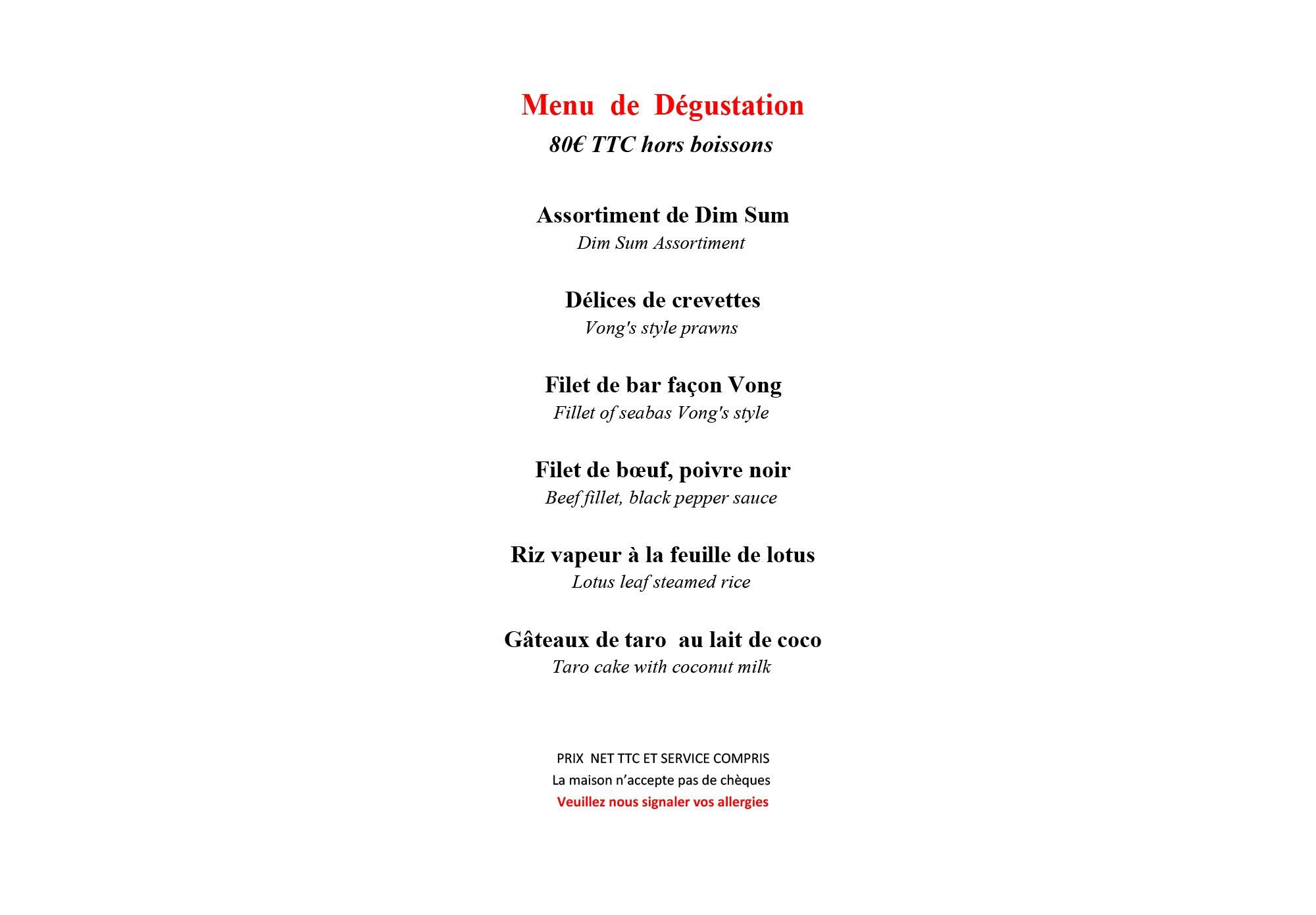 Chez Vong 10 Rue De La Grande Truanderie 75001 Paris Chez Vong - Menu